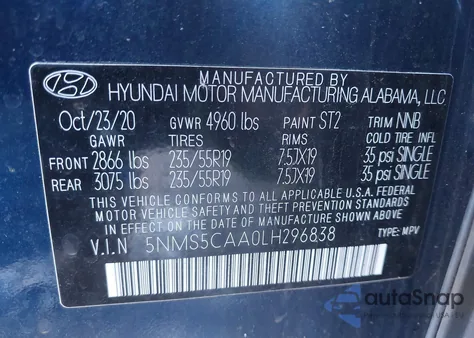 2020 Hyundai Santa Fe Limited 2.0T from USA, damaged, VIN 5NMS5CAA0LH296838